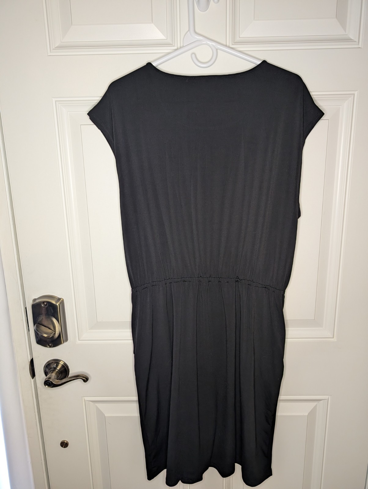 Halston Black Dress Size Large Cap Sleeve Gold Button Elastic Drawstring Waist