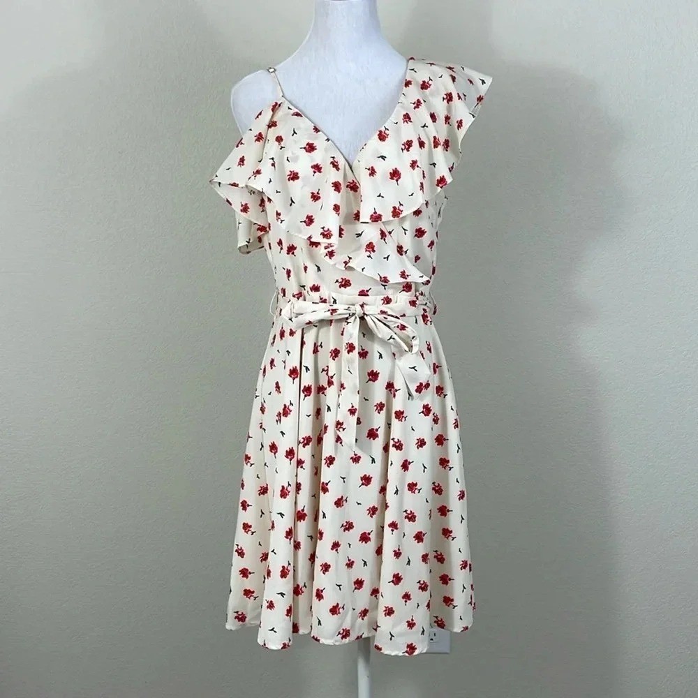 AQUA sleeveless red floral ruffle mini dress size medium