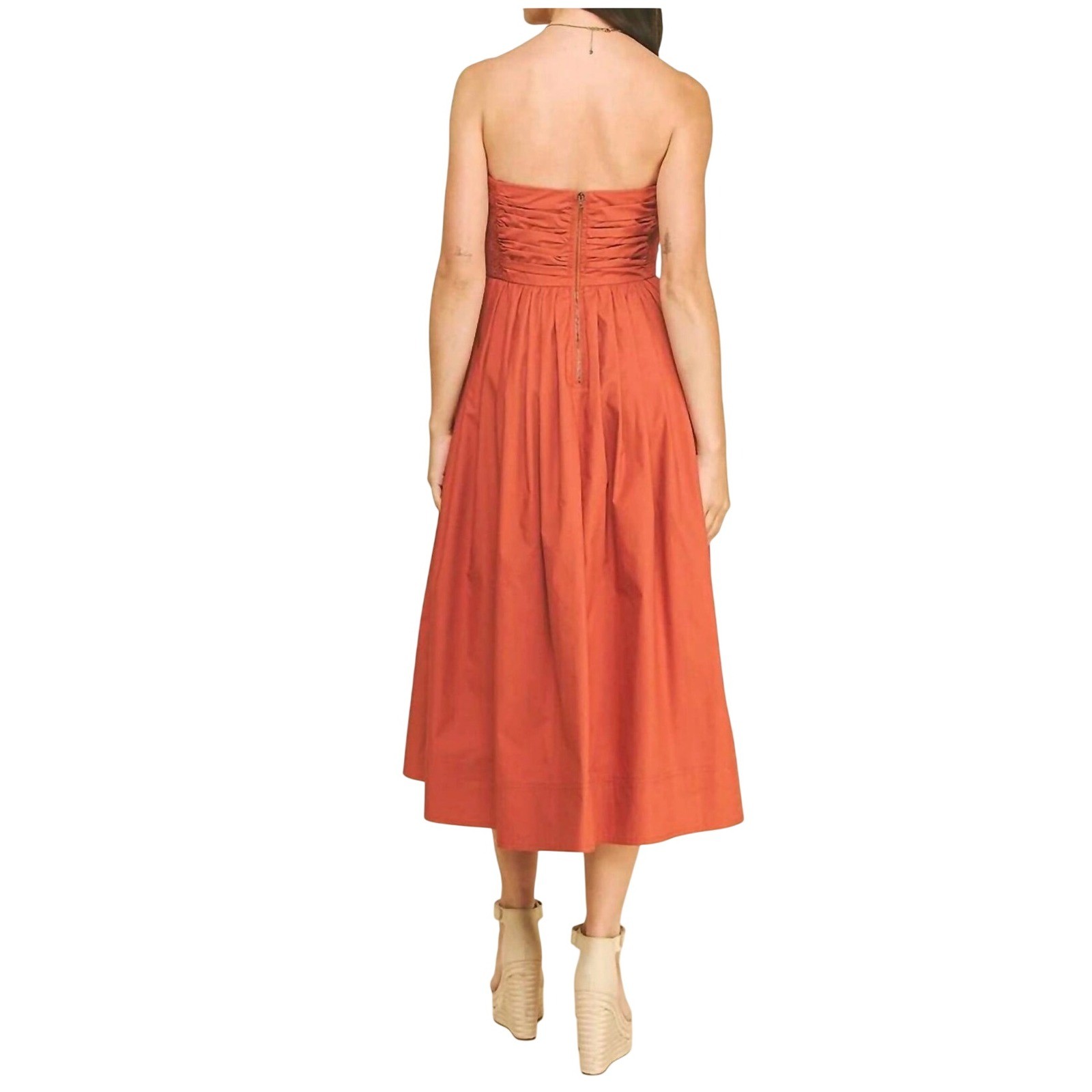 NEW PINCH Florence Shirred Strapless Midi Dress SZ S Rust Orange Pockets Cotton