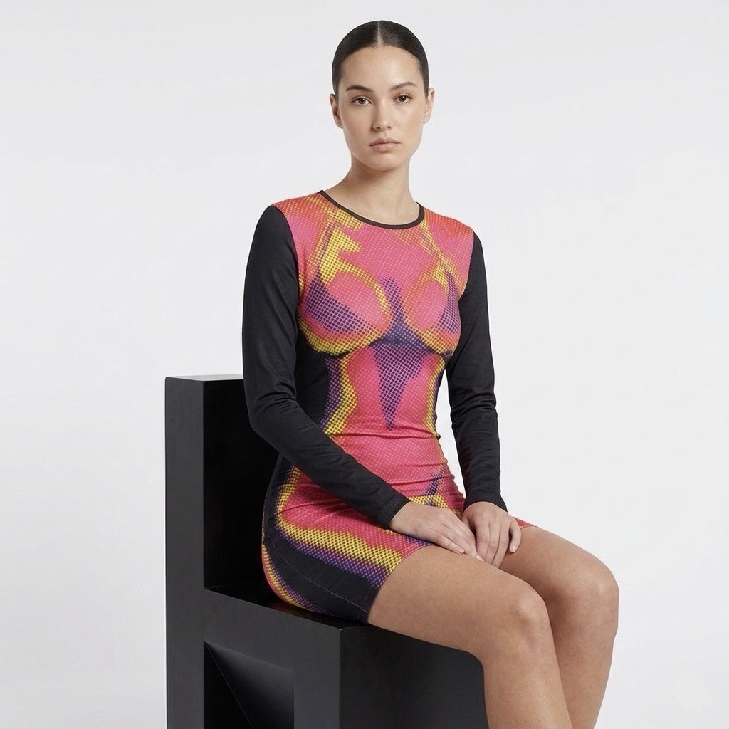 SHEIN Neon Pink & Yellow Long Sleeve Bodycon Dress with Black Sleeves – L