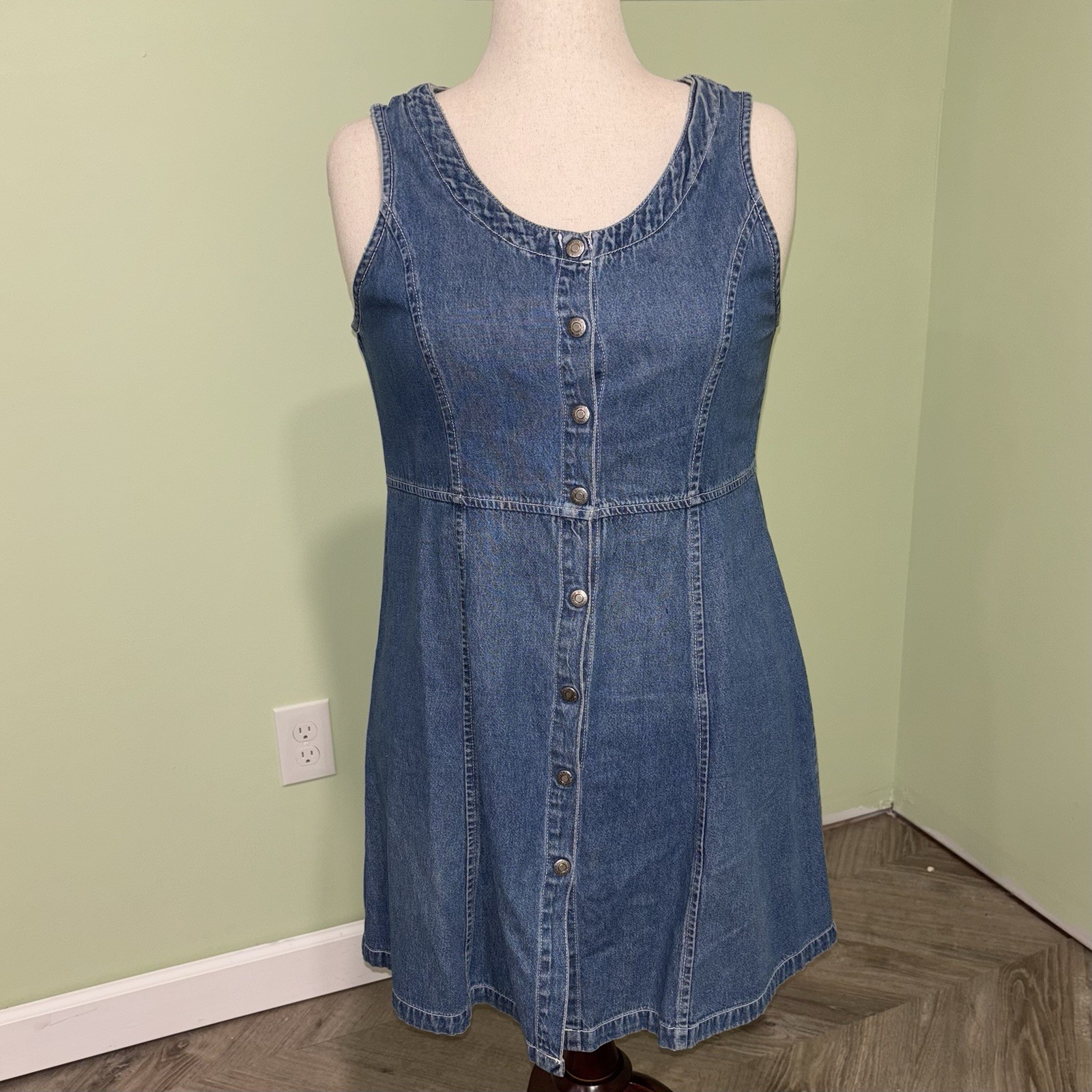VTG Bugle Boy Snap Up Denim Mini Dress Sleeveless Scoop Neck 90’s Y2K Women’s 12
