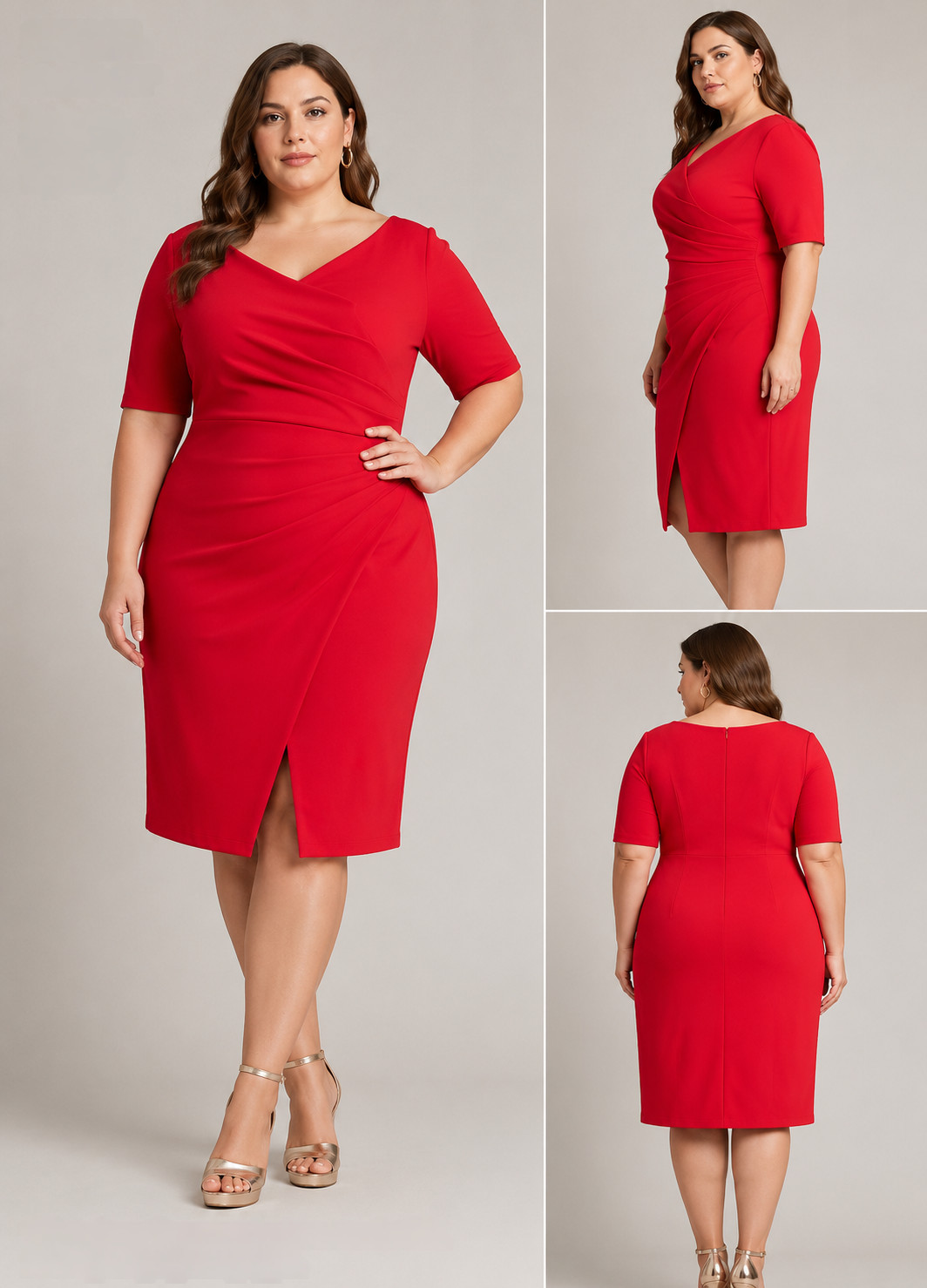 Tadashi Shoji XL Flame Red Ruched Crepe Elbow Sleeve Midi Dress NWT