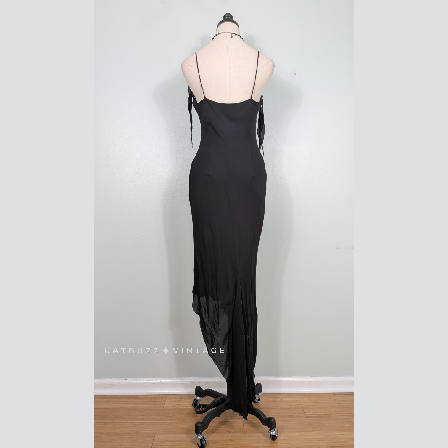 Vintage Silk Midi to Maxi Dress 8 Black Slip 90s Y2K Fairy Goth Guest Cocktail