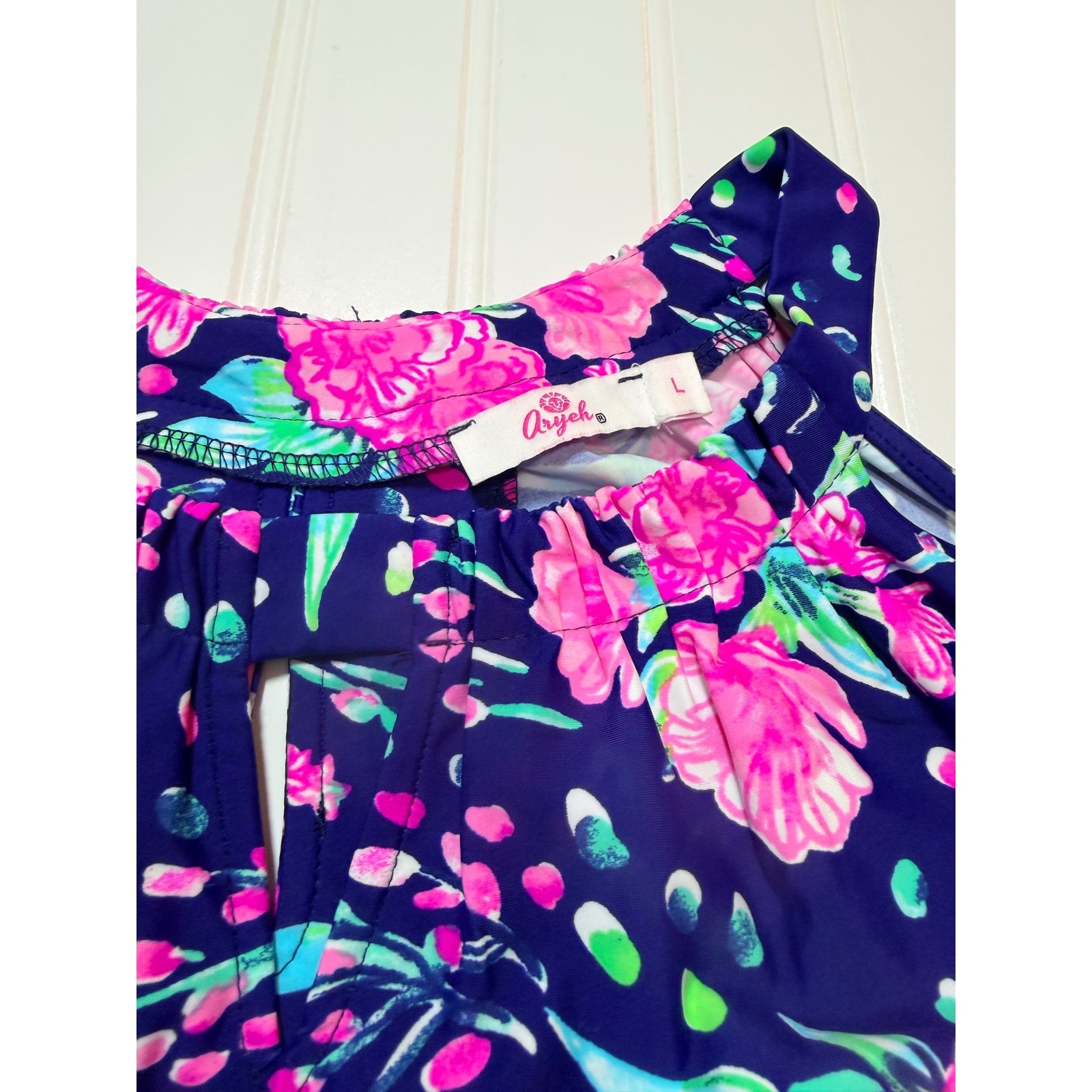 Aryeh Womens Navy Blue Pink Floral Halter Neck A-Line Dress Size Large