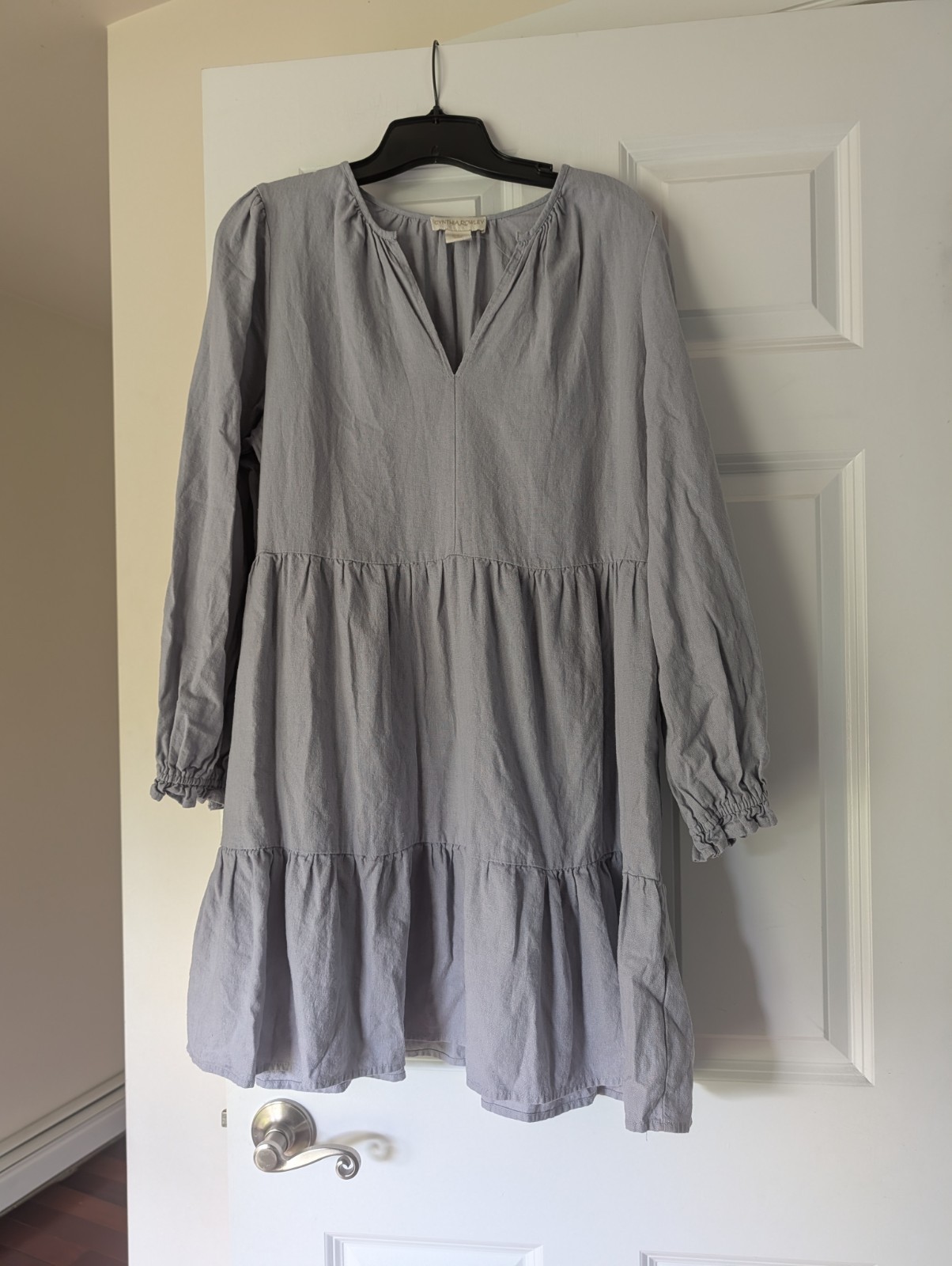 Cynthia Rowley Tiered Mini Dress XL Linen Blend Blue V-Neck Long Sleeve
