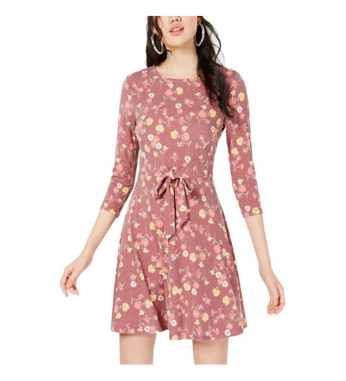 Be Bop Womens Floral Print Jewel Neck Casual Dress Tie Front 3/4 Sleeve Medium