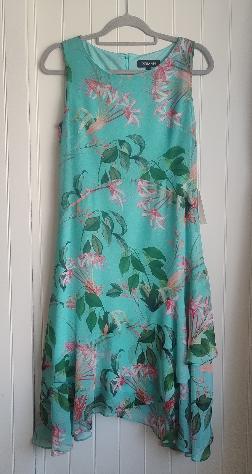 Roman Sleeveless Floaty Chiffon Dress Size 8 Turquoise Tropical Flower