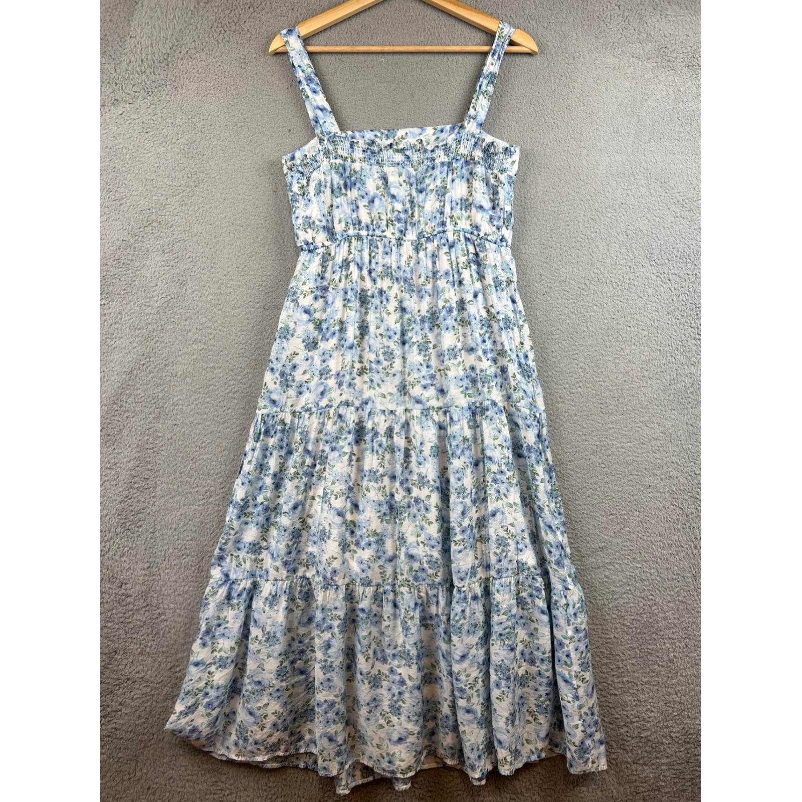 By The River Blue Floral Tiered Midi Dress Womens Medium Smocked Back Lined