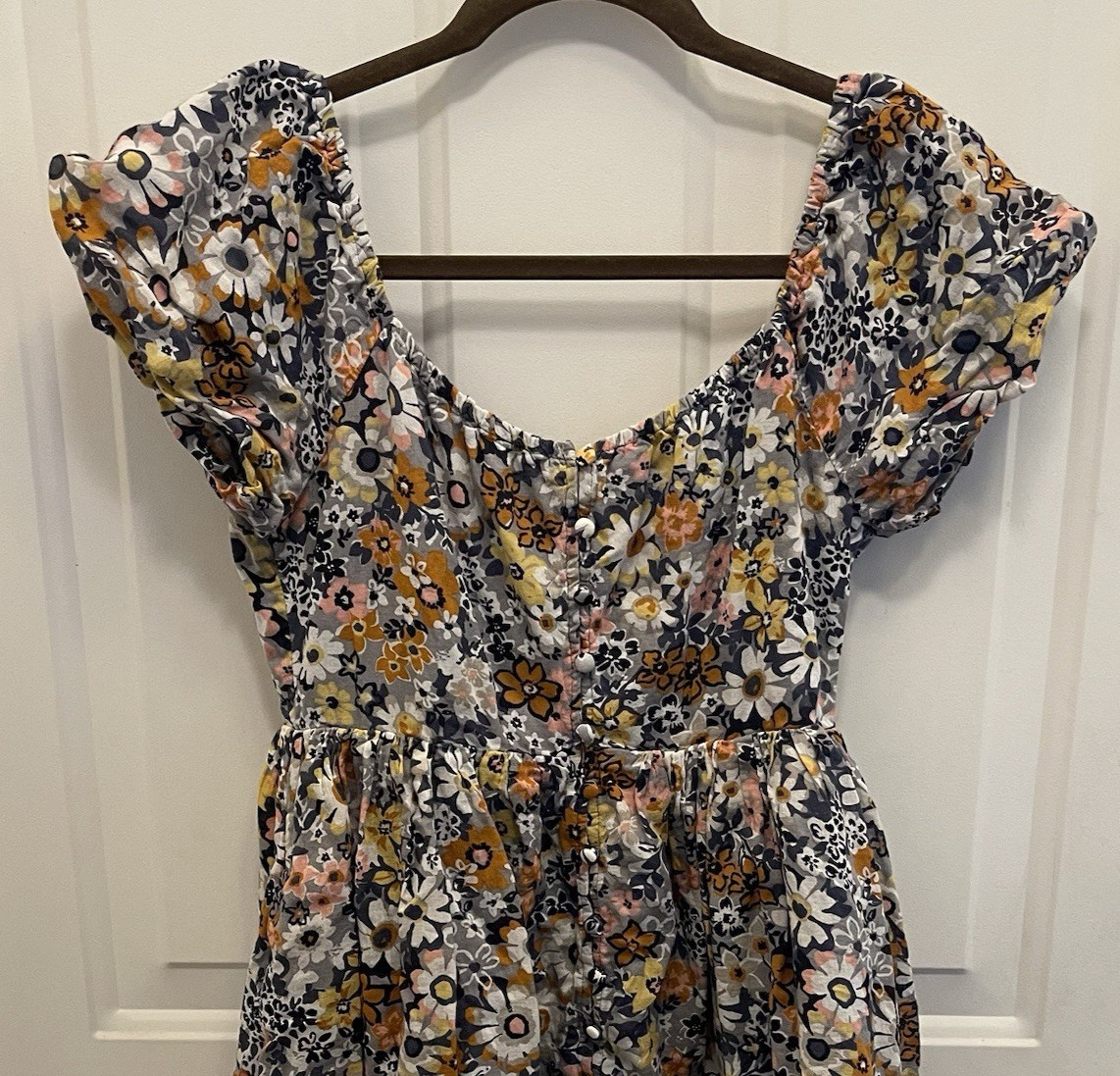 American Eagle Dainty Gray Floral Cotton Mini Dress Tiered Puff Sleeve Women S