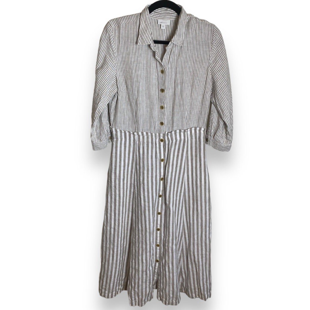 J JILL DRESS S LOVE LINEN STRIPE COTTAGECORE SHIRTDRESSLATTE TAN WHITE MAXI LONG
