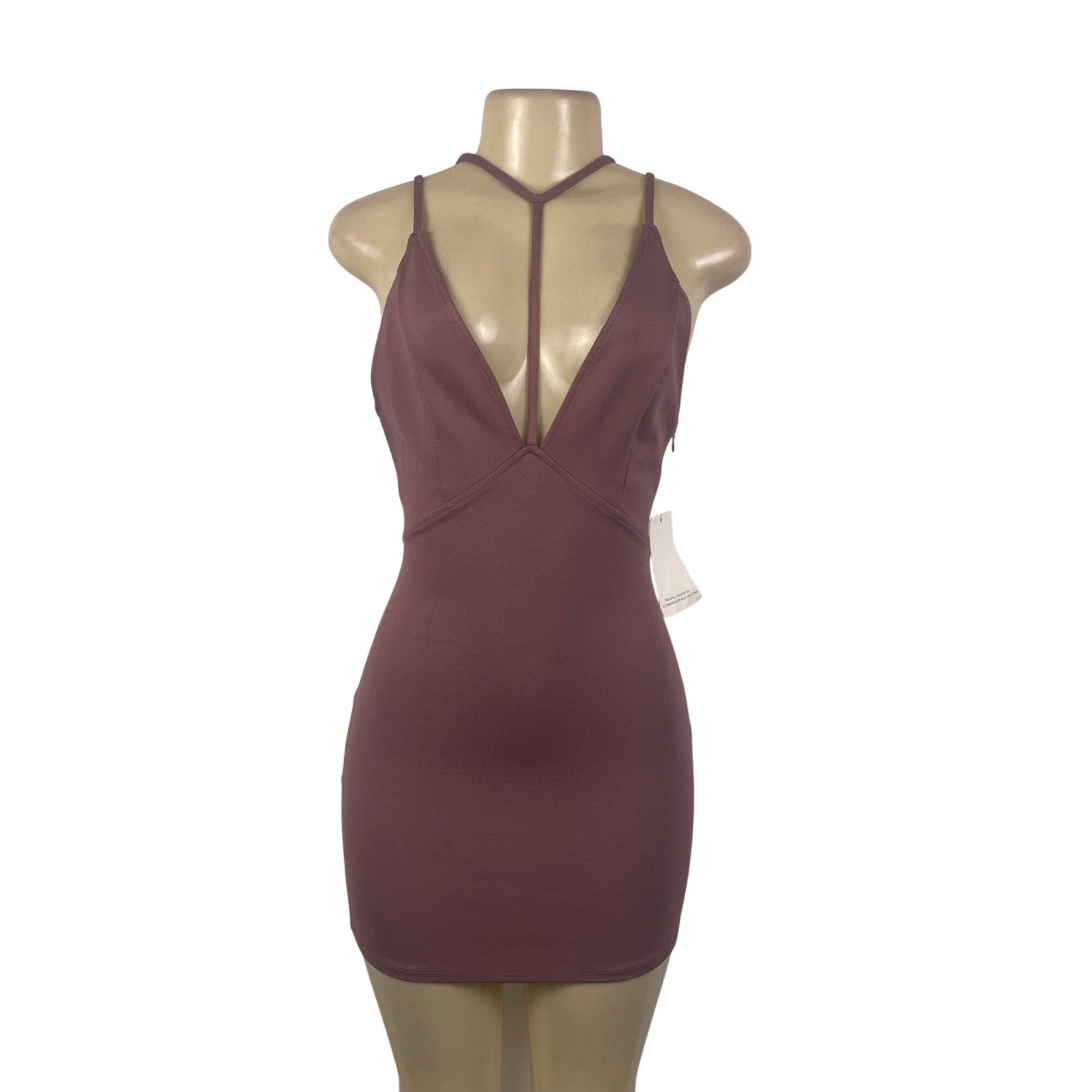 Tobi Womens Mauve Cotton/Nylon Strappy Plunge Mini Dress Stylish Design Sz XS –