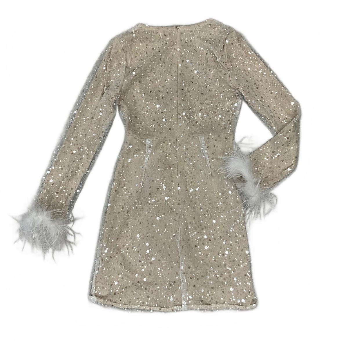 Champagne Sequin Pearl Wrap Front Cocktail Dress Feather Cuffs NWT