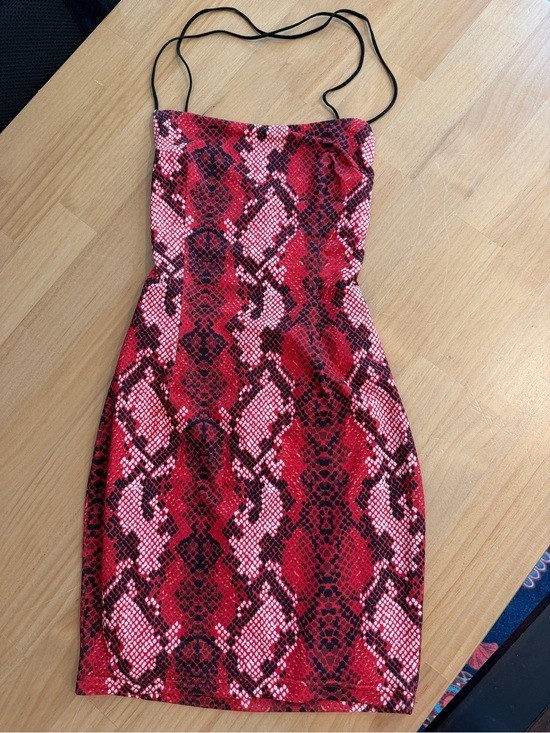 Superdown Red Snake Print Halter Mini Dress XS Lace Up Backless Snakeskin Party