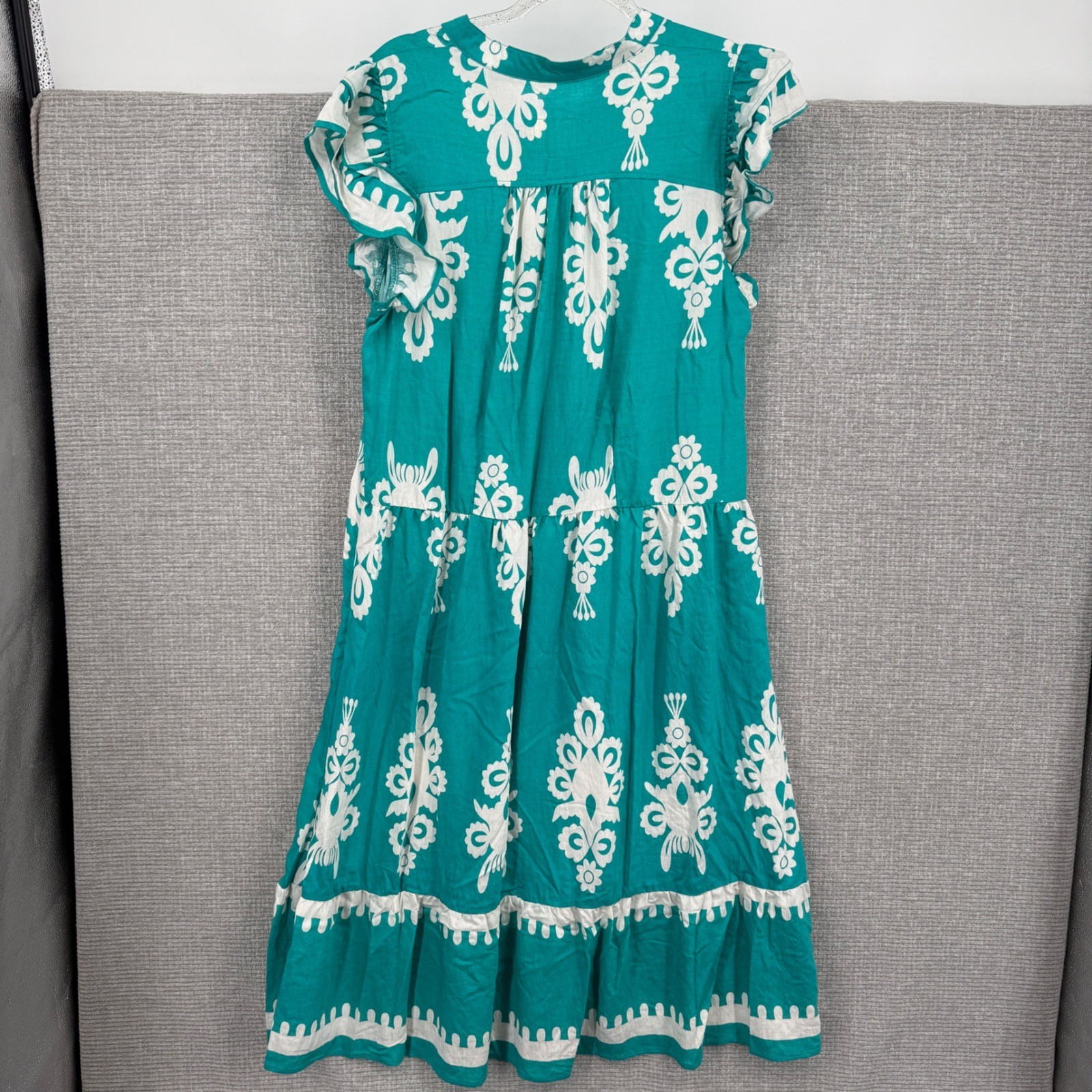 Umgee Dress Sz M Teal White Midi Damask Ikat Ruffle Sleeve Empire Waist Boho