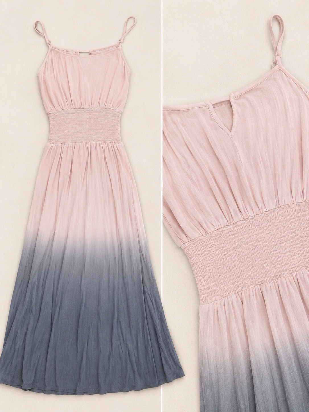 Women’s Pink Grey Ombre Maxi Dress Smocked Waist Boho Resort Vacation Dress S