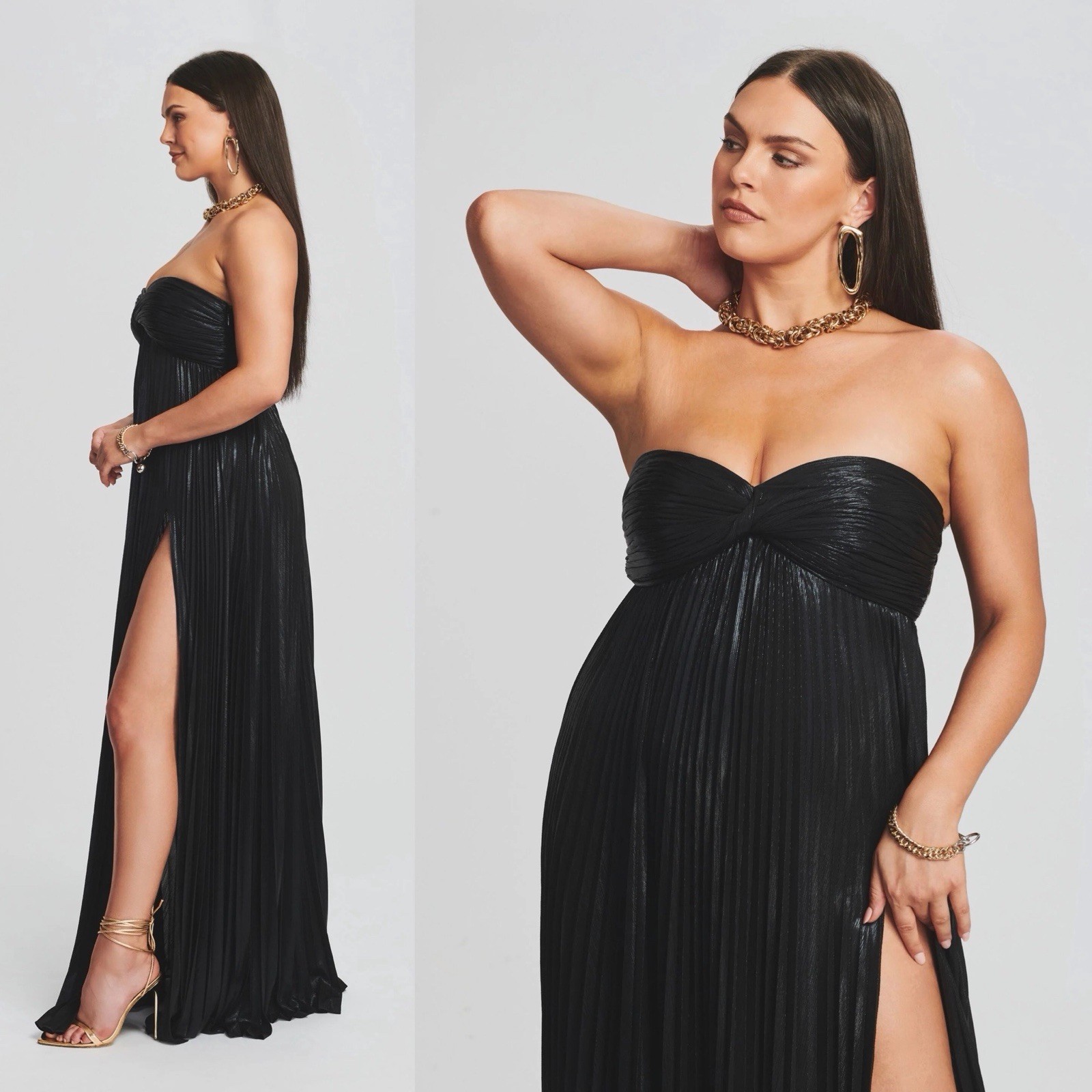 Retrofête Zoa Metallic Pleated Strapless Gown Black XXL NWT