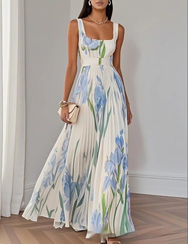 Elegant Floral Midi Dress with Ruffle Square Neck For Party Evening Dress
