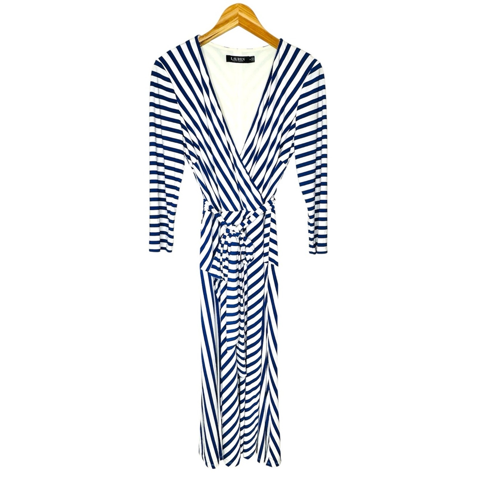 Lauren Ralph Lauren Blue White Striped Surplice Midi Dress Size 6 Coastal Preppy