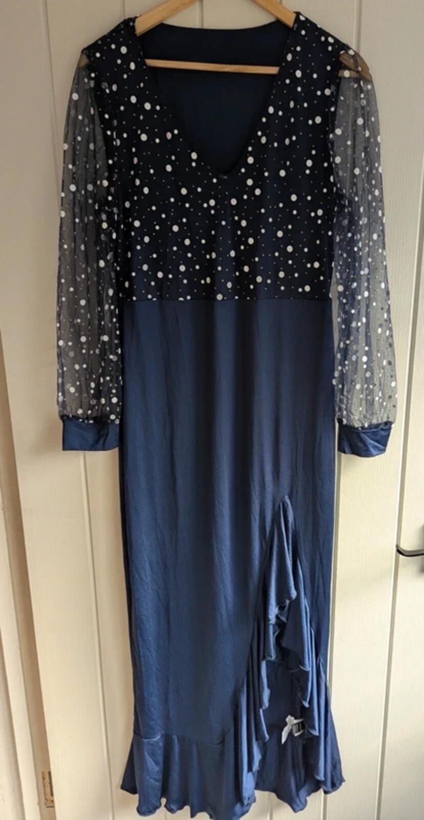 Navy Polka Dot Maxi Dress Size XL | Sheer Long Sleeve Ruffle Evening Occasion