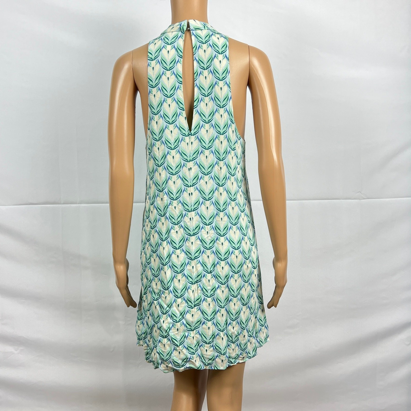 Olivaceous MEDIUM Green Print Cut Out Neck Back Short Trapeze Swing Dress