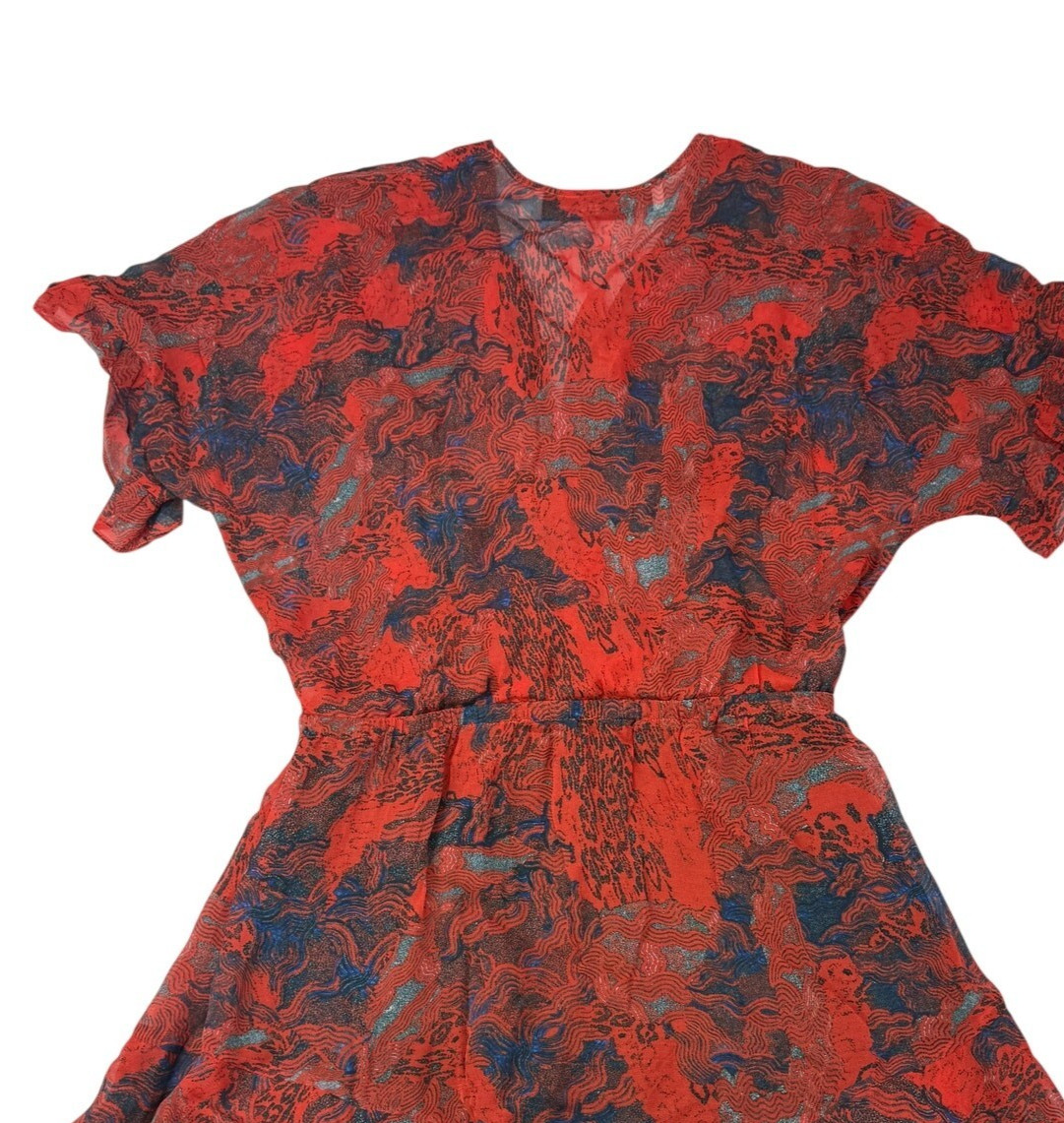 Iro Kizz Chiffon Surplice Neckline Ruffle Mini Dress Womens US 4 FR 36 Red Blue