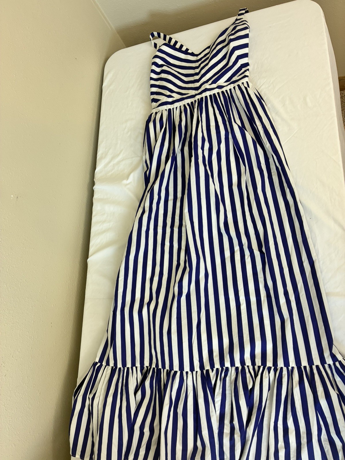 NWT J.Crew Striped Ruffle Maxi White Navy Belted Cotton Tank Dress Size 14