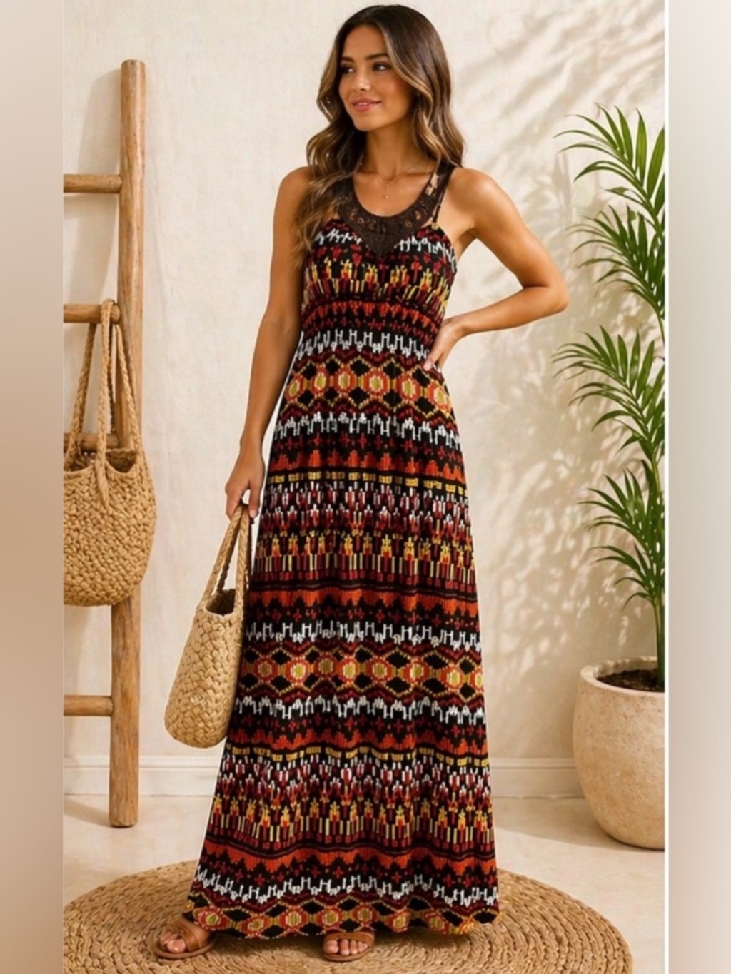 Max & Cleo Boho Tribal Print Maxi Dress | Open Back | Multicolor Size 2