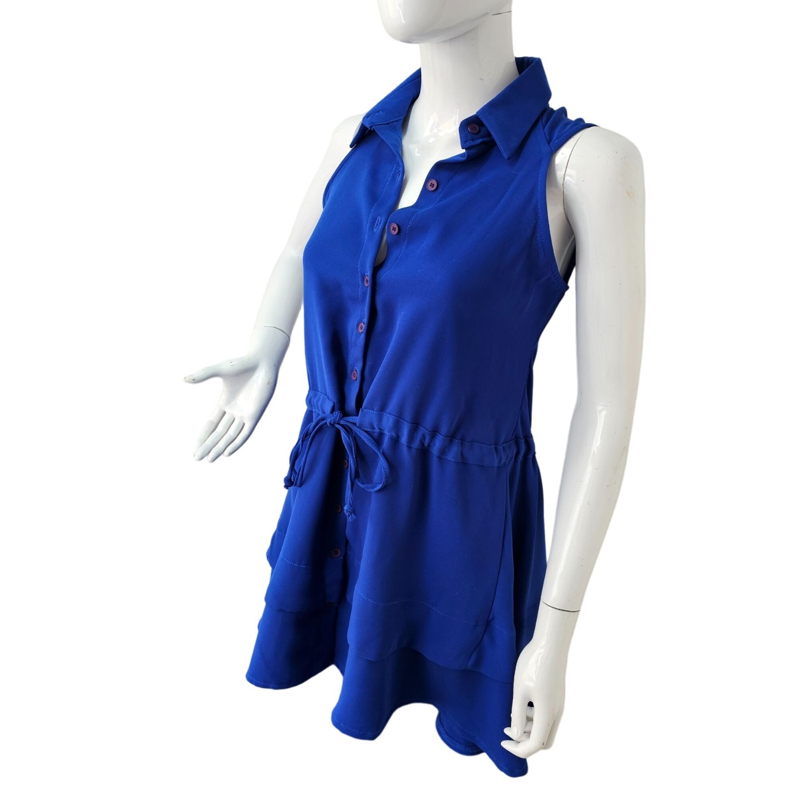 Nadia Sleeveless Blue Drawstring Tunic Mini Dress Womens 4 Button Front