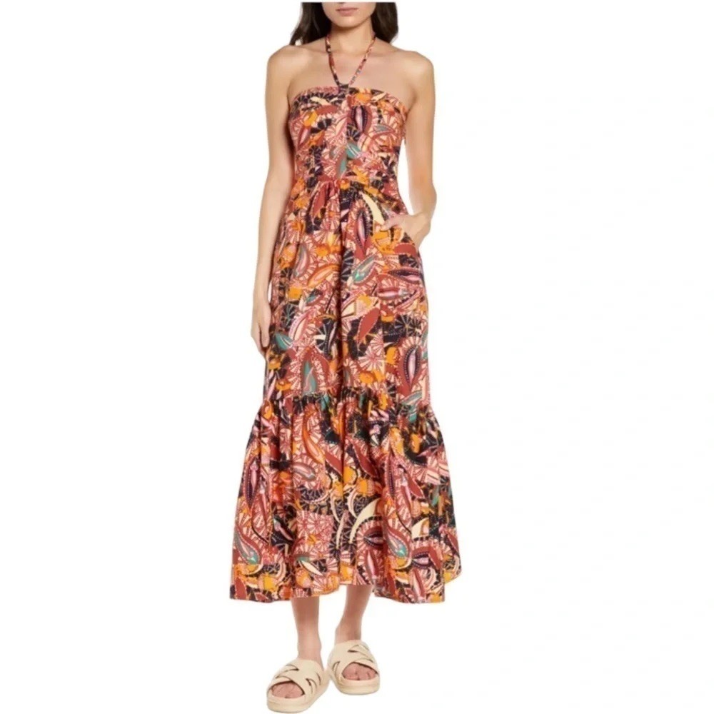 House of Harlow 1960 Paisley Print 100% Cotton Halter Maxi Dress w/Pockets sz S