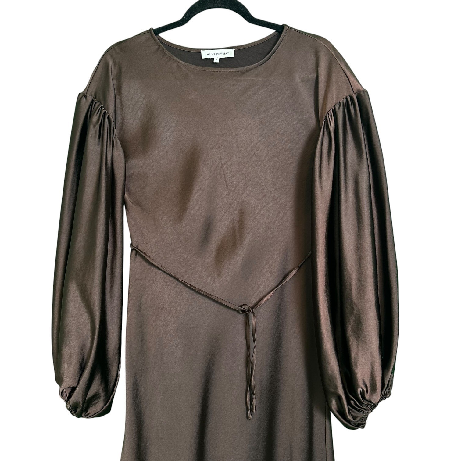WeWoreWhat Maxi Dress Balloon Sleeve Satin Charmeuse Tie Waist Brown 2 Boho Chic