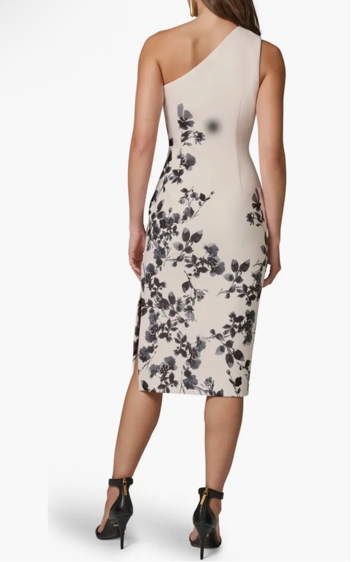 New Donna Karan New York One Shoulder Floral Print Dress Cream/Black Multi Sz 8