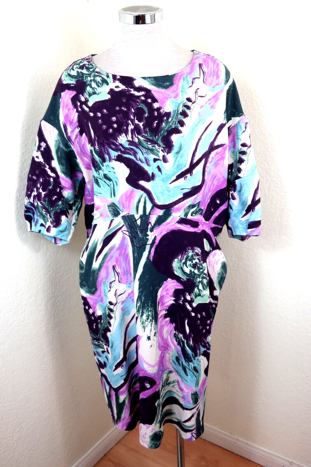 MARNI Purple Blue Black Dress Watercolor 3/4 Sleeves Dress Small Medium 40 6 7 8