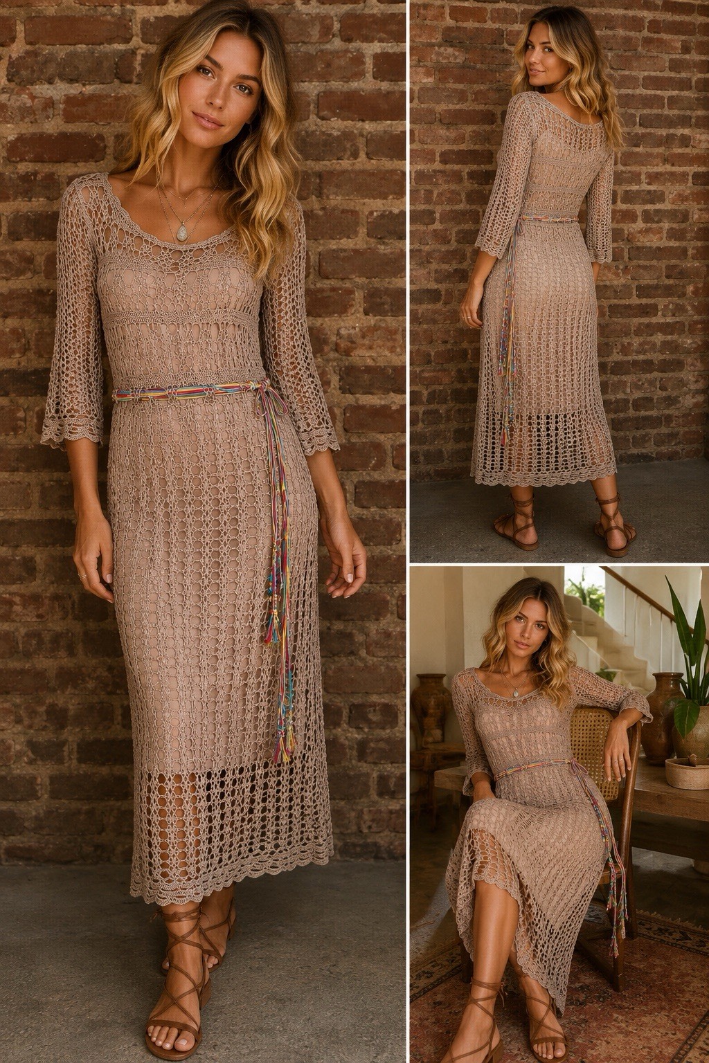 Vintage Kroshetta Papillon Beige Scallop Hem Crochet Dress Sz M Rainbow Belt EUC
