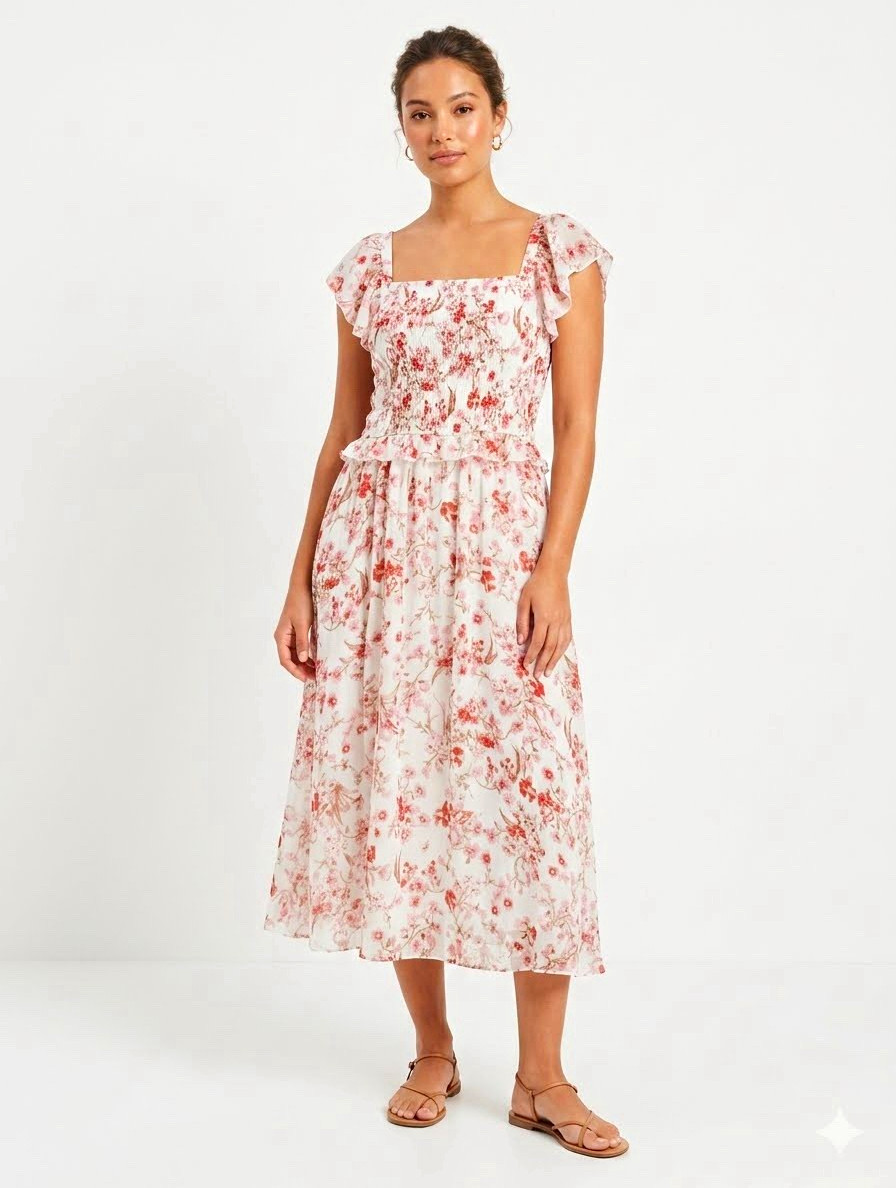 J.Gee Plus Size 1X White Pink Brown Floral Square Neck Smocked Ruffle Midi Dress