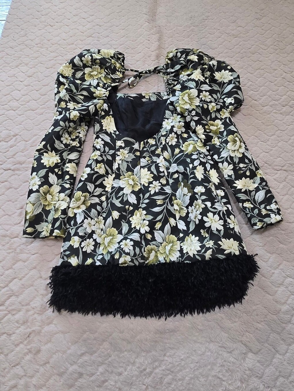 Miss Selfridge Green & Black Floral Jacquard Black Faux-Fur Fringe Dress, Size 4