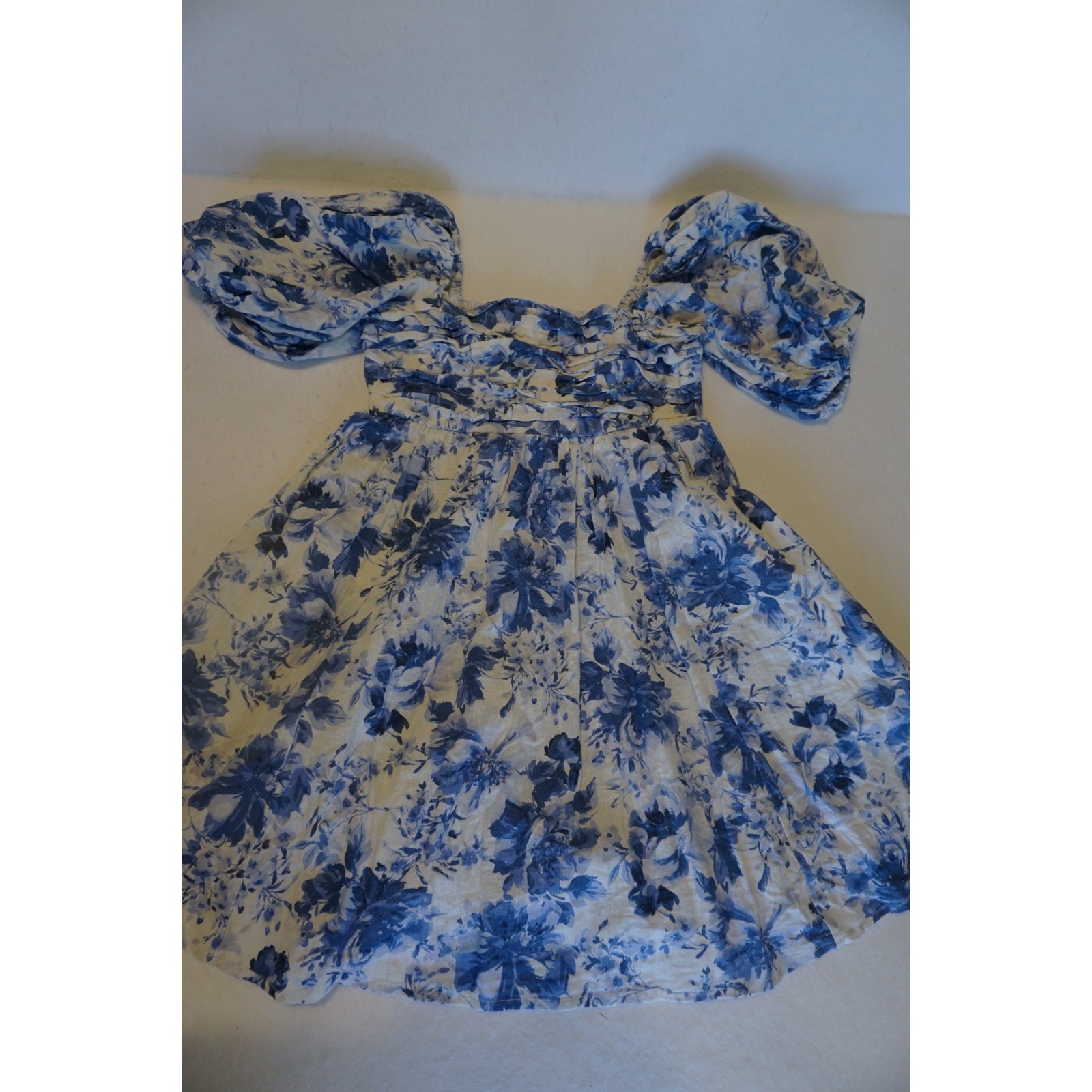 Abercrombie & Fitch Blue Floral Linen Blend Puff Sleeve Mini Dress XS Toile
