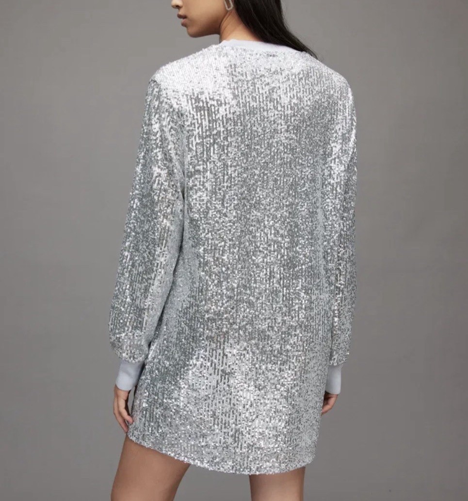 NEW ALLSAINTS Juela Mini Sequin Dress Sparkly Silver Metallic Size Small
