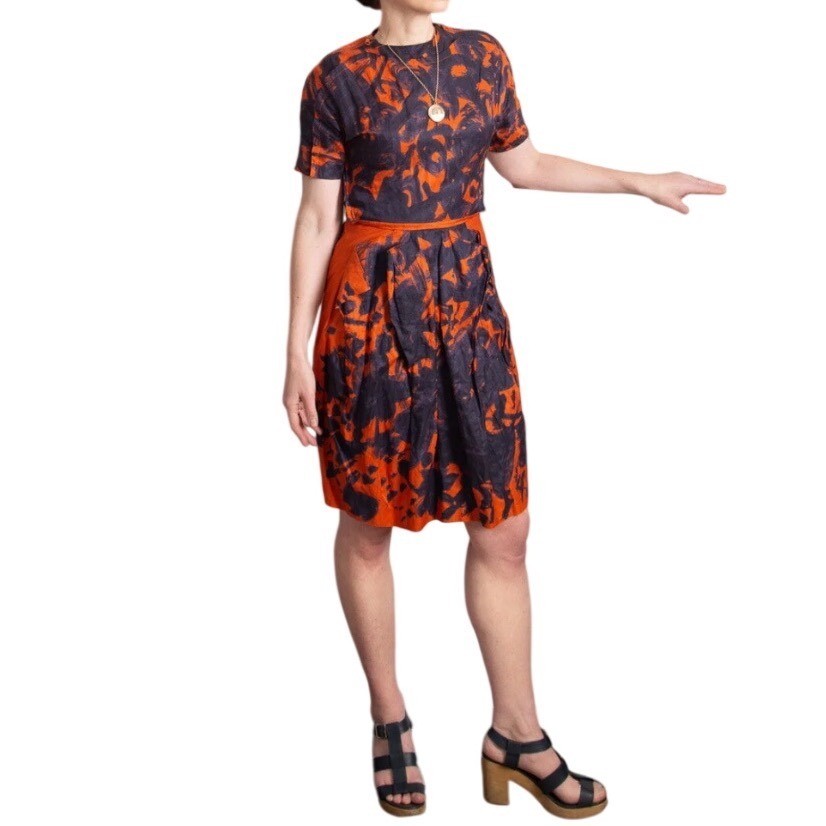 Cacharel Navy Orange Abstract Metallic Tulip Skirt Dress Aeffe Spa USA 4