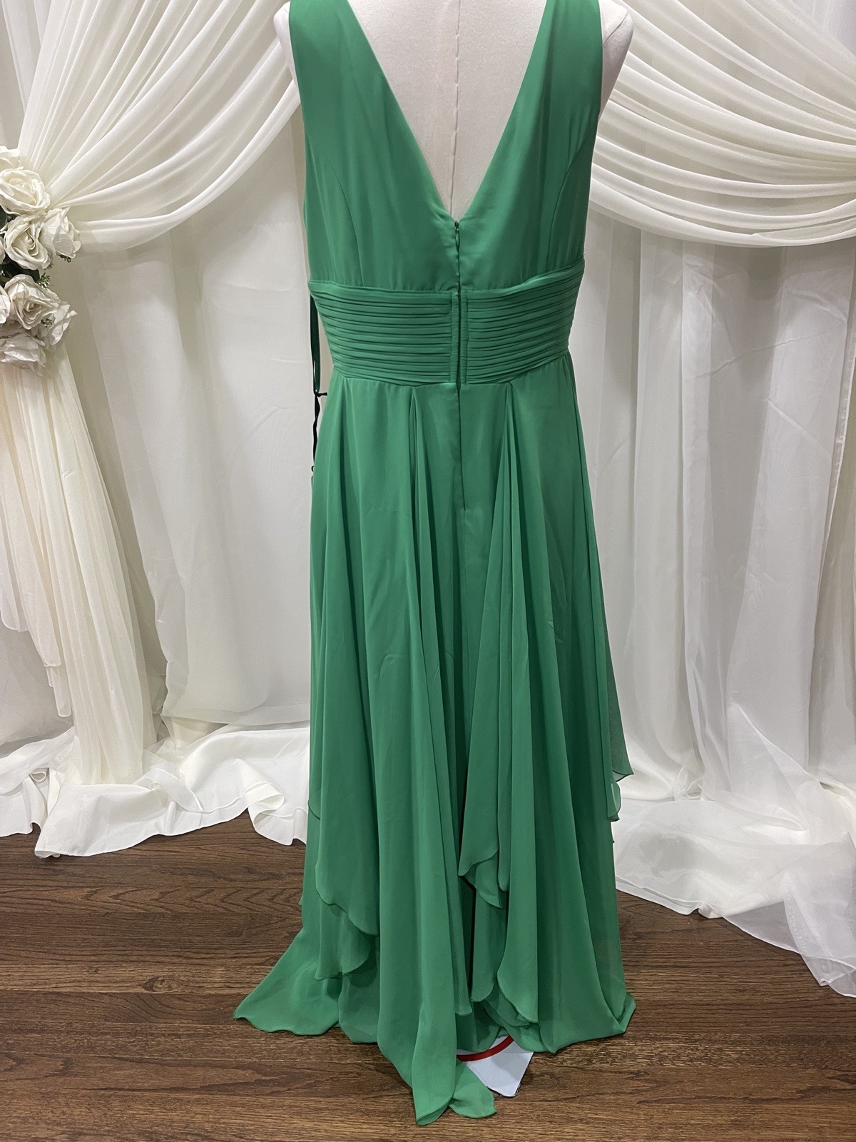 Masquerade women’s 13/14 lined formal dress green strapless back zip belted NWT