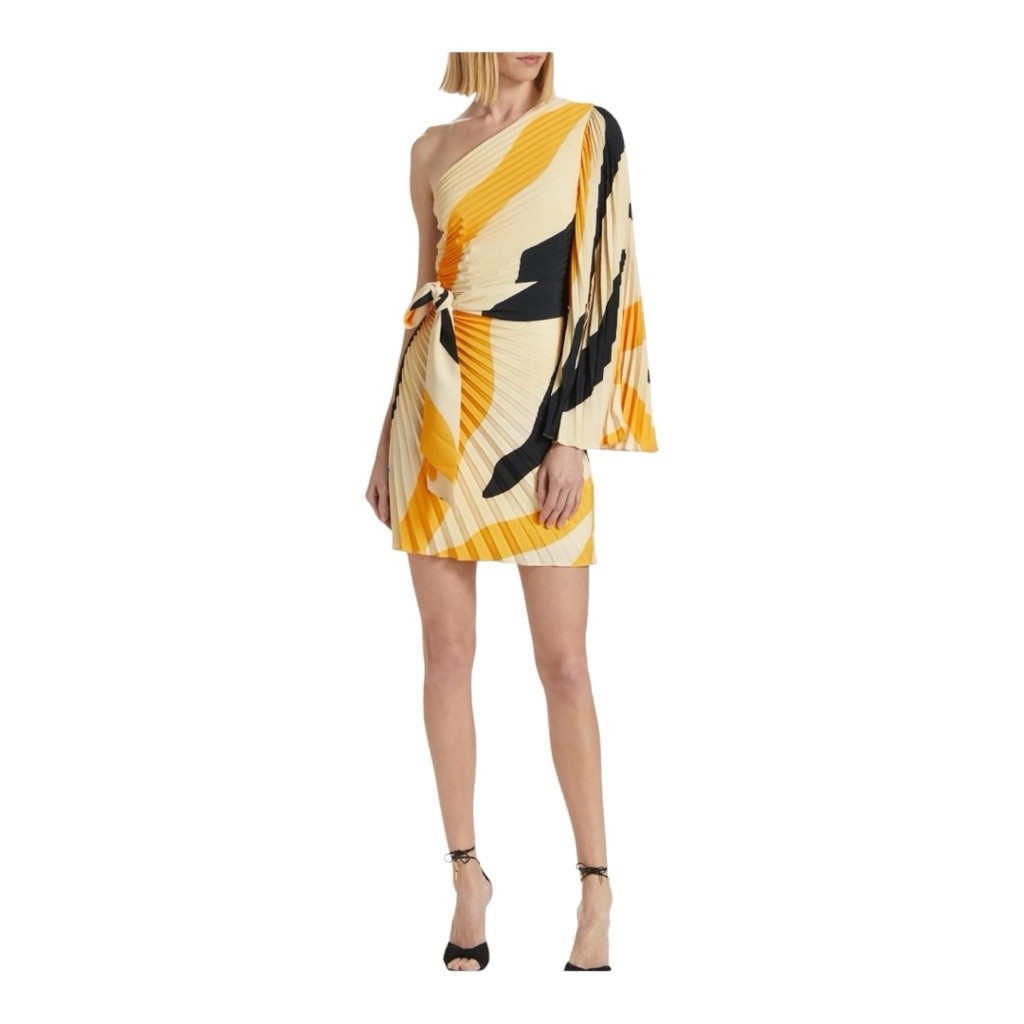 Milly One Shoulder Linden Zebra Pleated Mini Dress Size 8 Beige Yellow Black