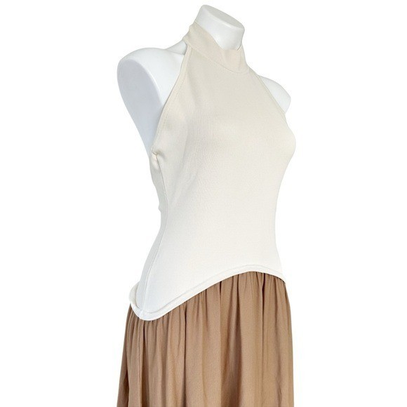 Solid and Striped Soglio Halter Ecru Camel Brown Maxi Dress Size L