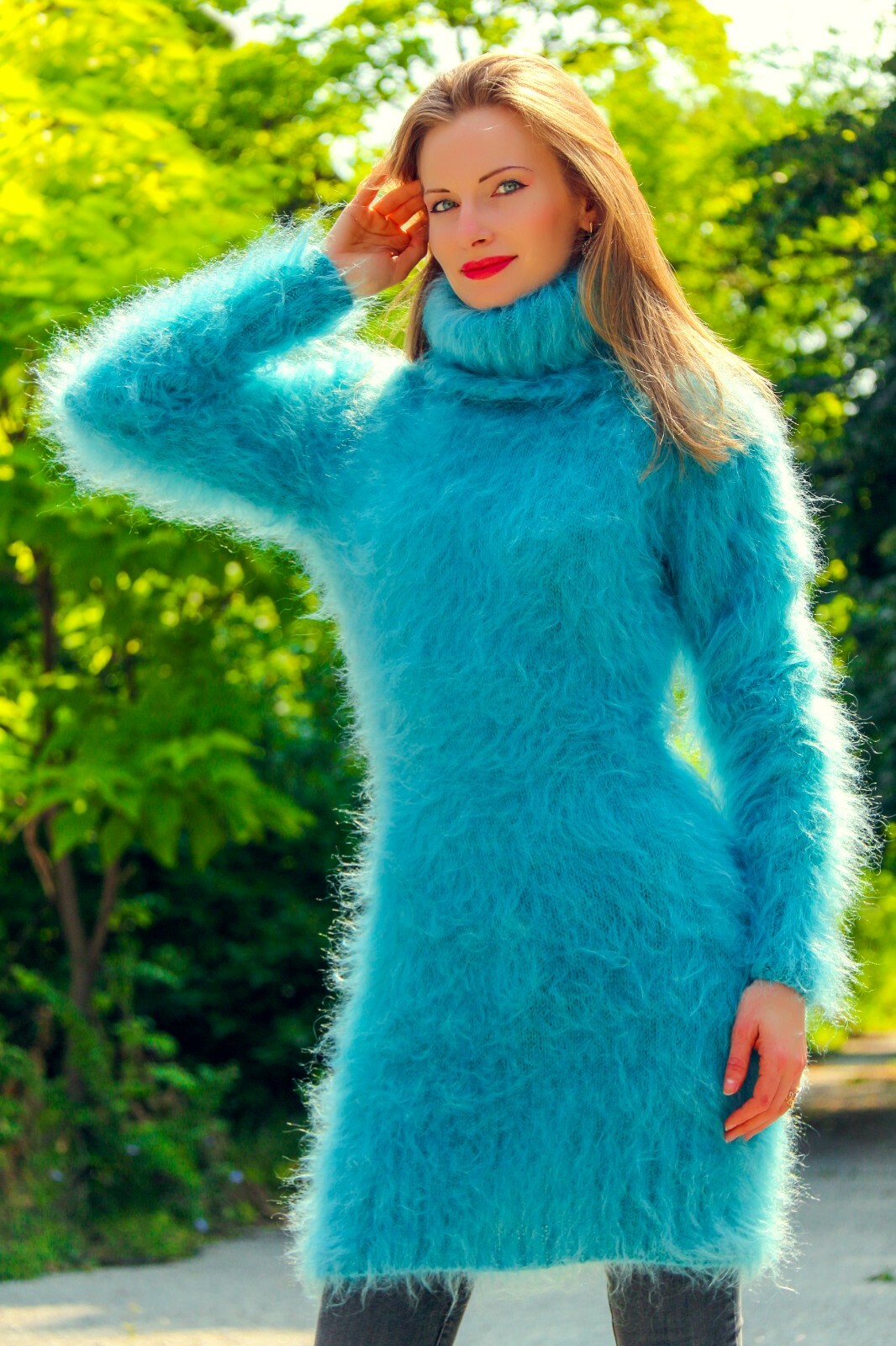 Fuzzy green soft mohair dress designer sweater hand knitted tunic SuperTanya