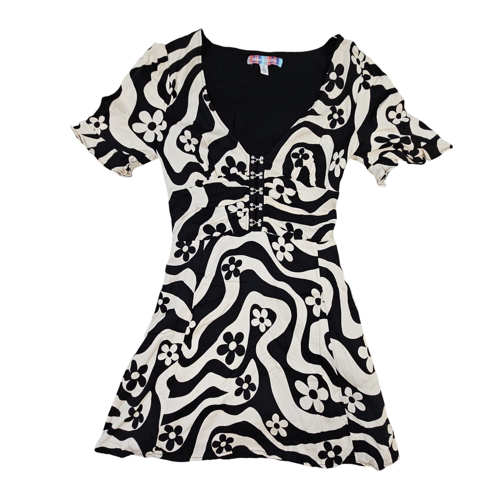 Urban Outfitters Black Beige Psychedelic Floral Swirl Hook Eye Mini Dress Small