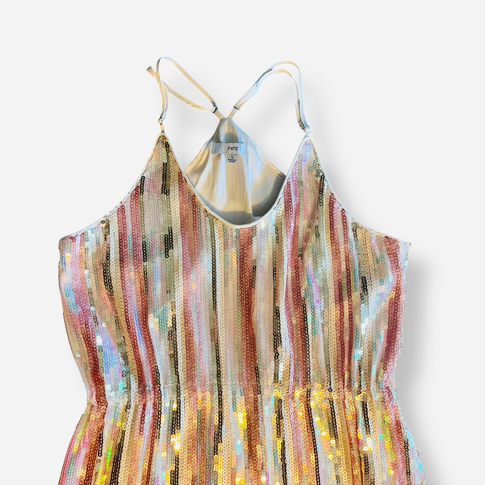 Fate Mini Dress Sequin Cotton Racerback Womens Small Pink Gold Silver Striped
