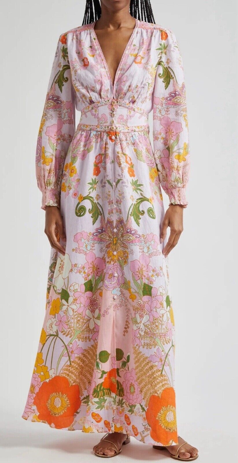 CAMILLA “Clever Clogs” Linen V-Neck Empire Waist Floral Smocked Maxi Dress, M