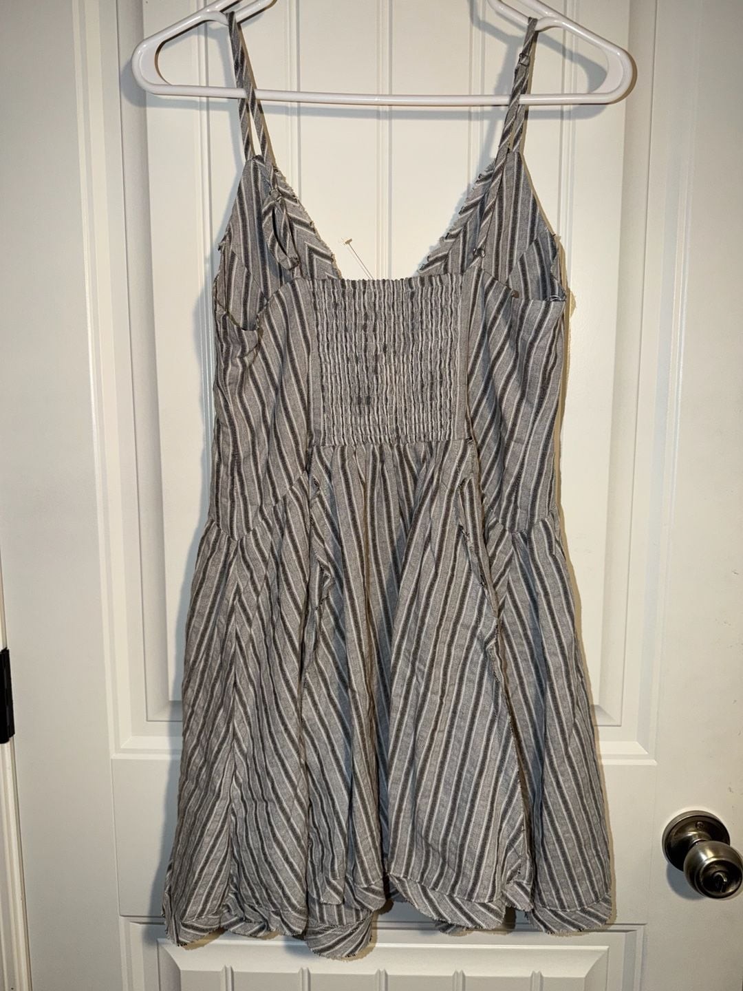 Millibon Grey and White Striped Button-Front Mini Dress with Frayed Edges