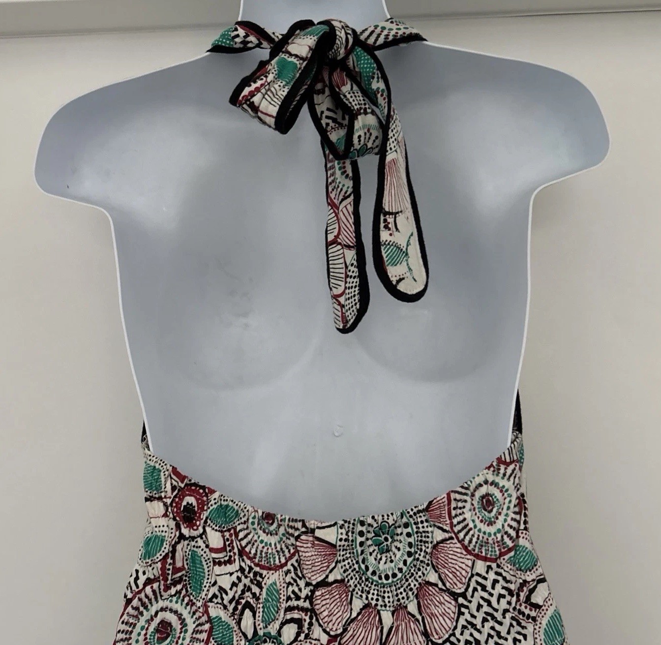 EUC Jayli Open Back Tie Halter Midi Dress Green Black Hippie Beach Boho M