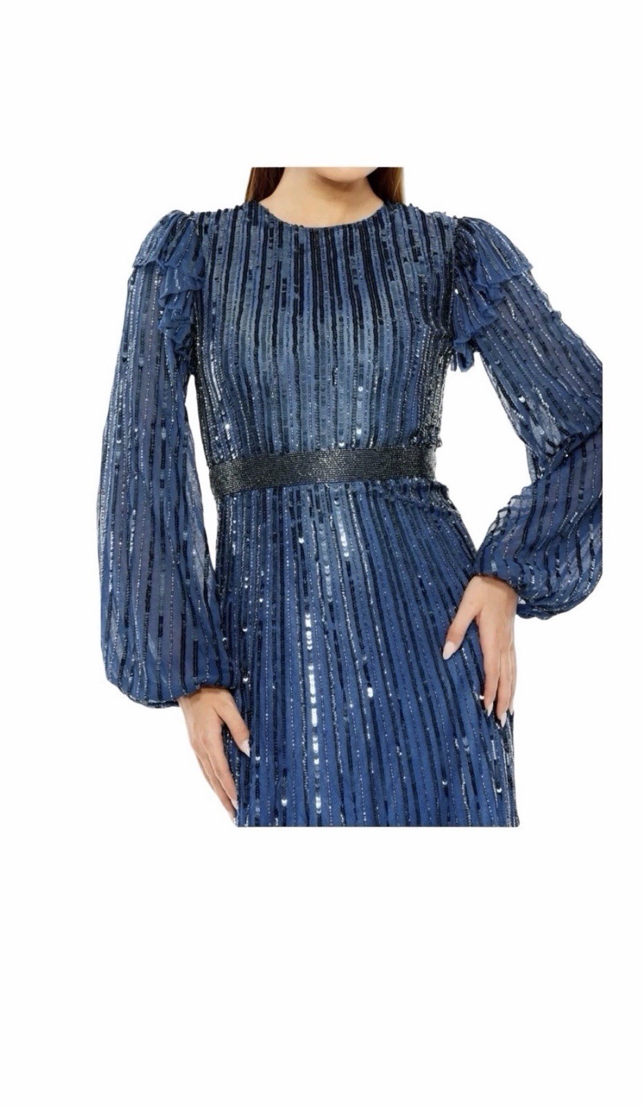 Mac Duggal 23003 Midnight Blue Sequined Tiered Midi Dress Long Sleeve Sz 16 $698