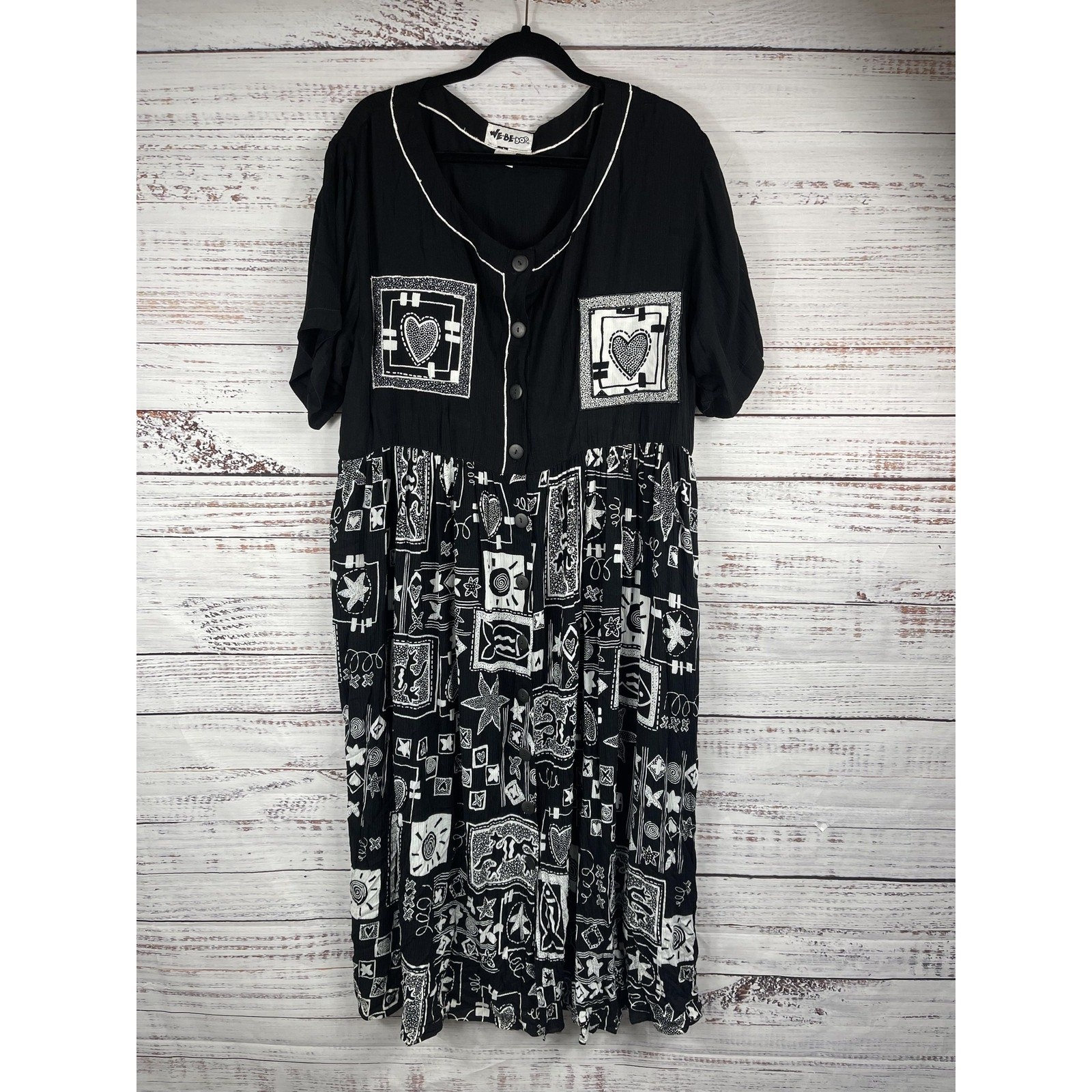 We Be Bop Dress Women’s 1X Black White Boho Patchwork Pockets Button Rayon Artsy