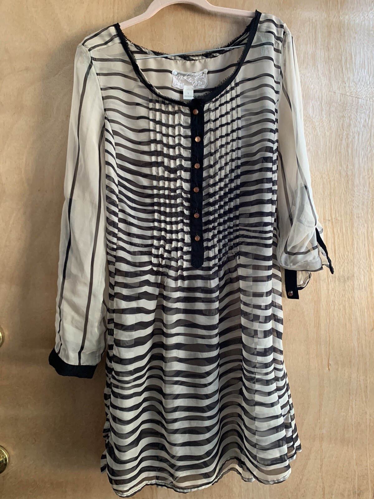 Nick And Mo Sheer Dress Cream and Black Size L Copper Buttons Black Accent